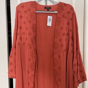 Boho Rust Kimono Duster | Bell Sleeve Tie Waist | Plus Size 1X (14–16) | NWT